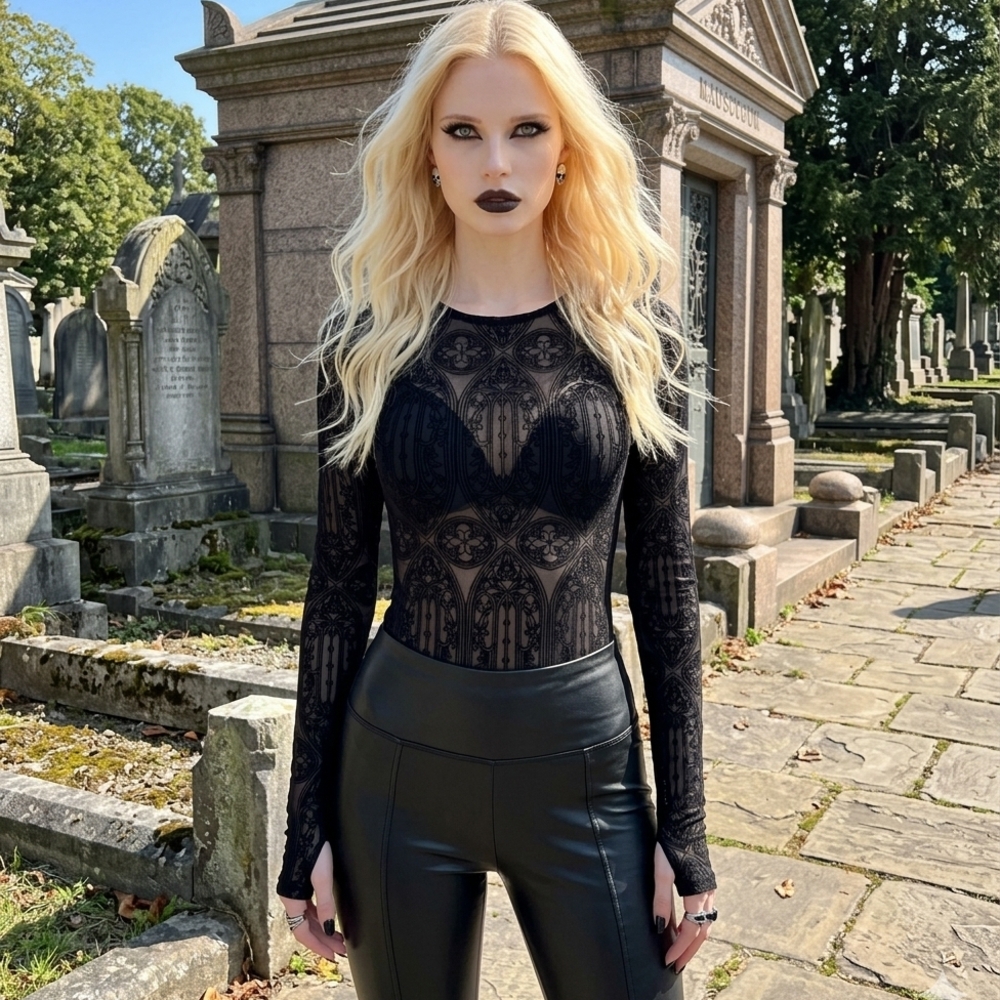 Black Sheer Lace Gothic Long-Sleeve Top
